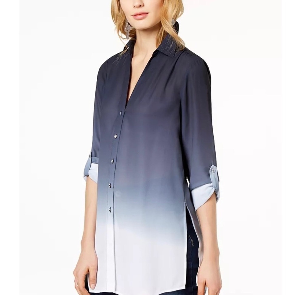 INC M navy tunic blouse w gorgeous crystal buttons